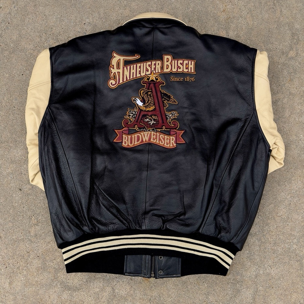 VTG Excelled Anheuser Busch Budweiser Leather Bomber Jacket Embroidered Men's L - Picture 2 of 16
